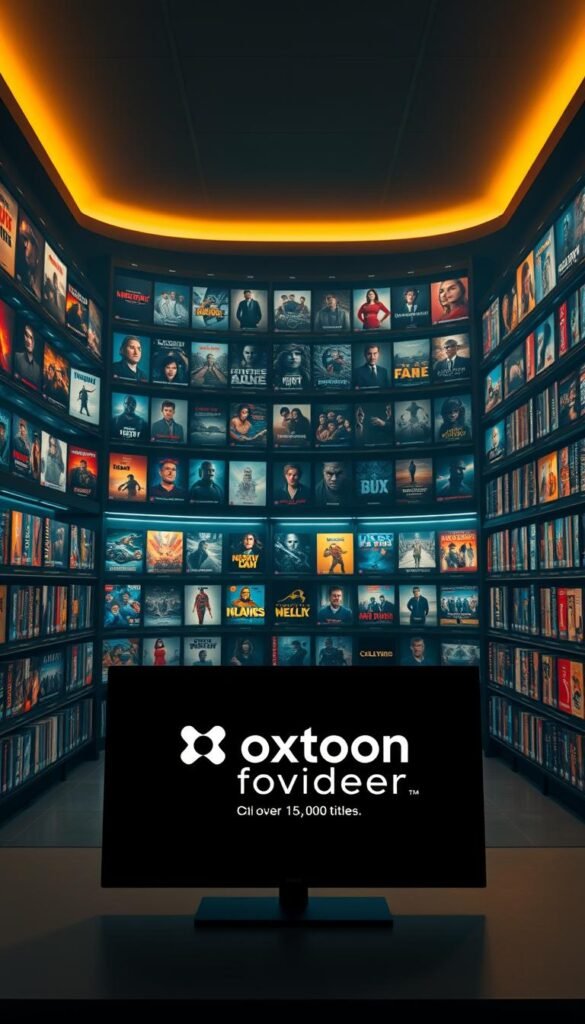A vast, cinematic library of on-demand entertainment, with rows of illuminated shelves showcasing a diverse array of movie and TV show covers against a dimly lit, atmospheric backdrop. Soft, warm lighting highlights the rich, vibrant colors and textures of the content, creating a sense of depth and immersion. In the foreground, a sleek, modern interface with the Hoxtoon Provider brand prominently displayed, inviting the viewer to explore this expansive collection of over 150,000 titles. The overall scene conveys a sense of abundance, quality, and the promise of endless entertainment possibilities.