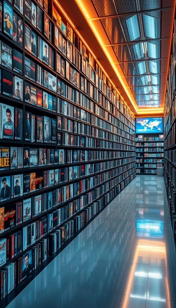 A vast collection of on-demand entertainment on the "Hoxtoon Provider" platform. An opulent, well-stocked media library with over 150,000 movie and TV titles, meticulously organized and presented in a sleek, modern interface. Gleaming shelves of digital content stretch out as far as the eye can see, bathed in a warm, inviting glow. Diverse genres and formats, from the latest blockbusters to classic films, documentaries to anime, all readily accessible at the user's fingertips. A visually striking, cinematic composition that captures the scale and depth of Hoxtoon's expansive VOD collection, enticing the viewer to explore and indulge in its vast, curated selection.