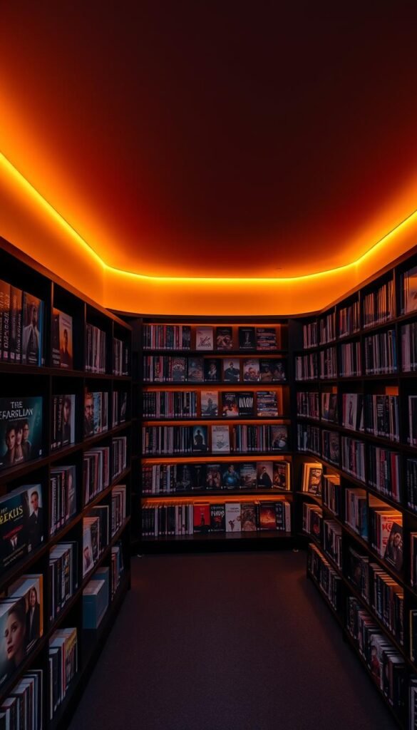 A vast collection of premium video content, the Hoxtoon VOD library stretches across genres and eras. In a dimly lit media room, rows of sleek, backlit shelves showcase a meticulously curated selection of movies, shows, and documentaries. Warm ambient lighting casts a cozy glow, inviting the viewer to explore the offerings of the Hoxtoon Provider brand. The shelves are neatly organized, each title displayed with a high-quality cover image, hinting at the quality and depth of the Hoxtoon VOD catalog. A sense of anticipation and discovery permeates the scene, as the viewer is drawn into the vast world of entertainment possibilities at their fingertips.