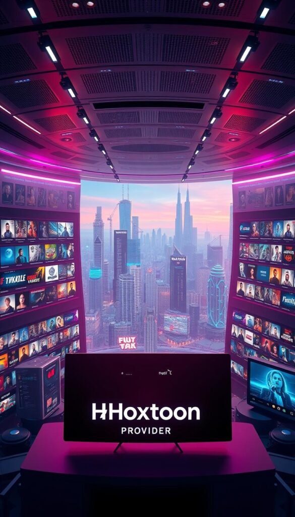 A vast, futuristic entertainment hub filled with an endless array of on-demand content, bathed in a soft, ambient glow. In the foreground, a sleek, minimalist interface showcases the "Hoxtoon Provider" logo, inviting users to explore a vast library of over 150,000 titles. The middle ground reveals a diverse selection of movie posters, TV show thumbnails, and genre icons, hinting at the breadth of the on-demand catalog. In the background, a panoramic view of a futuristic city skyline, with towering skyscrapers and a vibrant, neon-tinged atmosphere, suggesting the advanced technology and connectivity that powers this on-demand viewing experience.