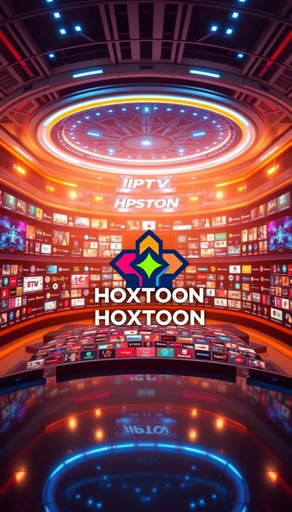 A vast, gleaming media hub showcases the HOXTOON IPTV Channels library, a sprawling expanse of entertainment options. In the foreground, a stylized HOXTOON Provider logo takes center stage, its sleek design and vibrant colors drawing the eye. The middle ground reveals a curated selection of channel icons, each representing a unique genre or niche, from live news and sports to the latest blockbuster movies and binge-worthy TV shows. The background depicts a futuristic, high-tech environment, with digital displays and holographic interfaces hinting at the sheer scale and sophistication of the HOXTOON platform. Warm, dynamic lighting casts an inviting glow, while a sense of depth and dimension creates an immersive, cinematic atmosphere.