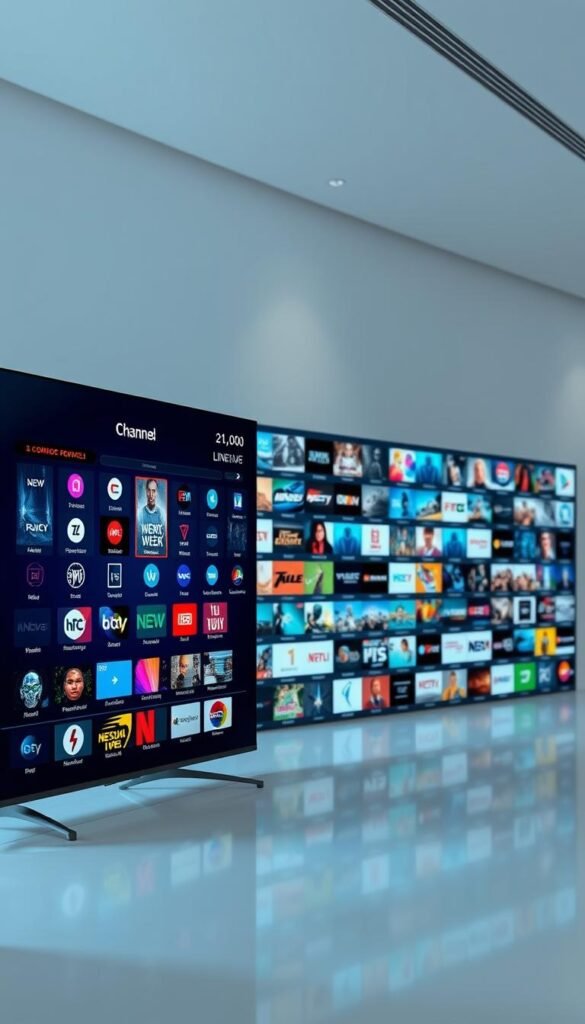 A vast, high-definition display showcases the expansive channel lineup of the Hoxtoon Provider IPTV service. In the foreground, an elegant interface with sleek, modern icons representing the diverse selection of over 21,000 channels, including news, sports, movies, and entertainment. The middle ground features a dynamic mosaic of thumbnail previews, each offering a glimpse into the vast array of content available. In the background, a clean, minimalist setting with subtle lighting and depth of field, creating a sense of depth and professionalism. The overall composition conveys the scale, quality, and comprehensive nature of the Hoxtoon Provider's impressive channel lineup.