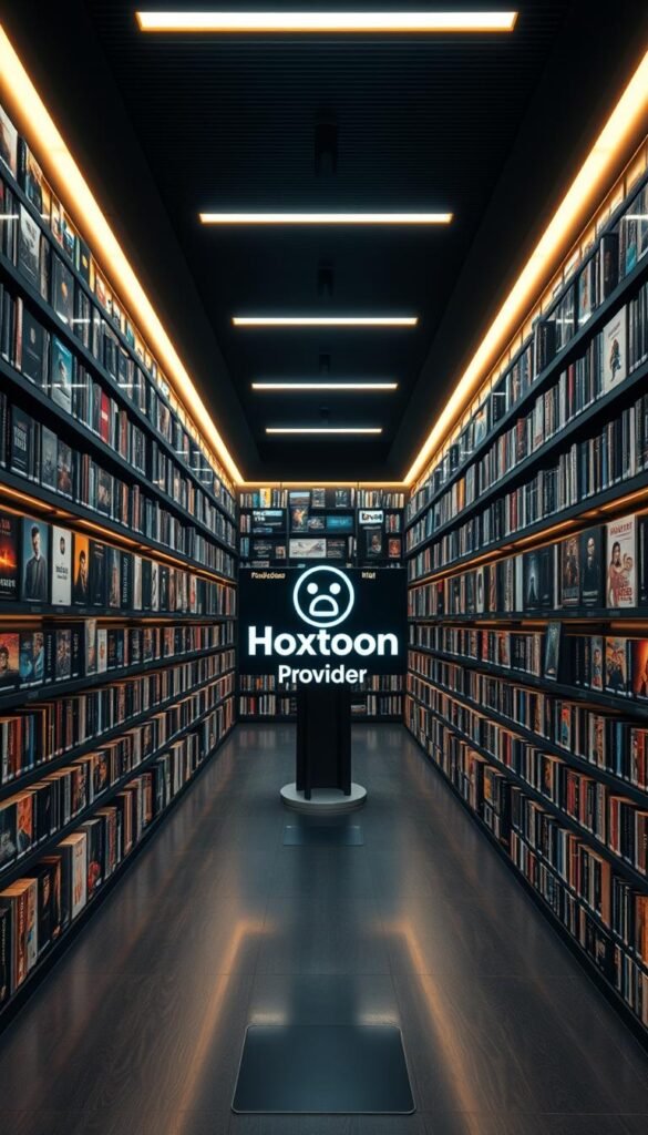A vast, immersive library of over 150,000 Video-on-Demand (VOD) titles, presented in a sleek, dark-themed interface. Backlit shelves showcase a diverse collection, ranging from the latest blockbusters to classic films, documentaries, and TV series. Soft ambient lighting casts a warm glow, creating a cozy, cinematic atmosphere. In the center, the Hoxtoon Provider logo stands prominently, signifying the high-quality entertainment experience. The camera pans across the expansive space, capturing the depth and breadth of this exceptional VOD library.
