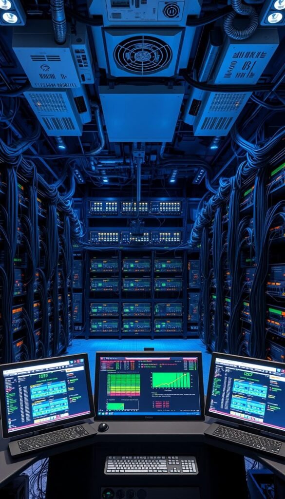 A vast, interconnected web of server racks, cables, and glowing monitors showcases the technical prowess of Hoxtoon Provider's IPTV buffering prevention technology. In the foreground, a sleek control panel displays real-time data, allowing seamless monitoring and adjustment of the system. Overhead, a complex array of cooling fans and heat sinks keep the powerful hardware running smoothly, while in the background, a sprawling network of routers and switches ensures the efficient flow of data. The entire scene is bathed in a cool, blue-hued lighting, conveying a sense of precision and technological sophistication. This is the backbone of Hoxtoon Provider's premium IPTV service, delivering uninterrupted streaming experiences to its discerning customers.