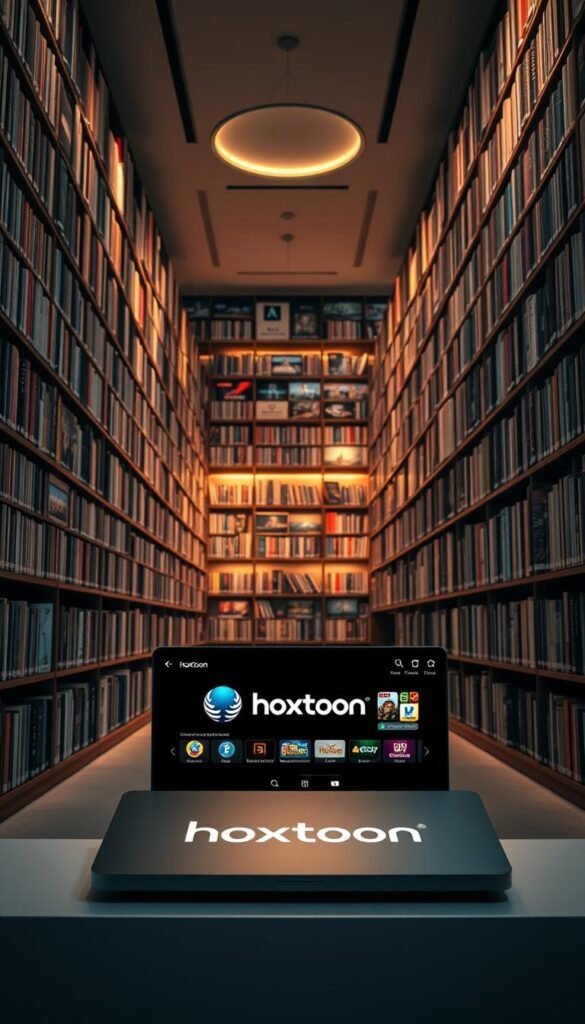 A vast library of entertainment, meticulously curated by the Hoxtoon Provider. Rows of towering shelves, each brimming with a diverse array of content - from live TV channels to a vast collection of on-demand videos. Soft, warm lighting casts a inviting glow, guiding the viewer's eye towards the infinite possibilities. In the foreground, a sleek, modern interface showcases the Hoxtoon brand, beckoning the user to explore the boundless library. The middle ground reveals a diverse array of genres and categories, catering to every taste. The background fades into a serene, minimalist setting, allowing the content to take center stage. An atmosphere of abundance and choice, capturing the essence of Hoxtoon's extensive content library. A vast library of entertainment, meticulously curated by the Hoxtoon Provider. Rows of towering shelves, each brimming with a diverse array of content - from live TV channels to a vast collection of on-demand videos. Soft, warm lighting casts a inviting glow, guiding the viewer's eye towards the infinite possibilities. In the foreground, a sleek, modern interface showcases the Hoxtoon brand, beckoning the user to explore the boundless library. The middle ground reveals a diverse array of genres and categories, catering to every taste. The background fades into a serene, minimalist setting, allowing the content to take center stage. An atmosphere of abundance and choice, capturing the essence of Hoxtoon's extensive content library.