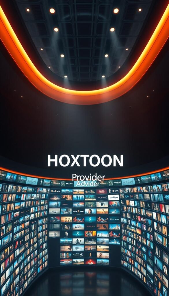 A vast, meticulously crafted digital library, the HOXTOON VOD Library showcases a stunning array of over 150,000 on-demand titles. Bathed in a warm, cinematic glow, the sleek, modern interface invites exploration, with rows of high-quality thumbnails tempting the viewer to dive into a world of boundless entertainment. The Hoxtoon Provider brand name is prominently displayed, radiating a sense of authority and reliability. Subtle film reel motifs and cinematic lighting evoke the atmosphere of a state-of-the-art multimedia hub, where the boundaries between the digital and the tangible blur, offering a truly immersive viewing experience.