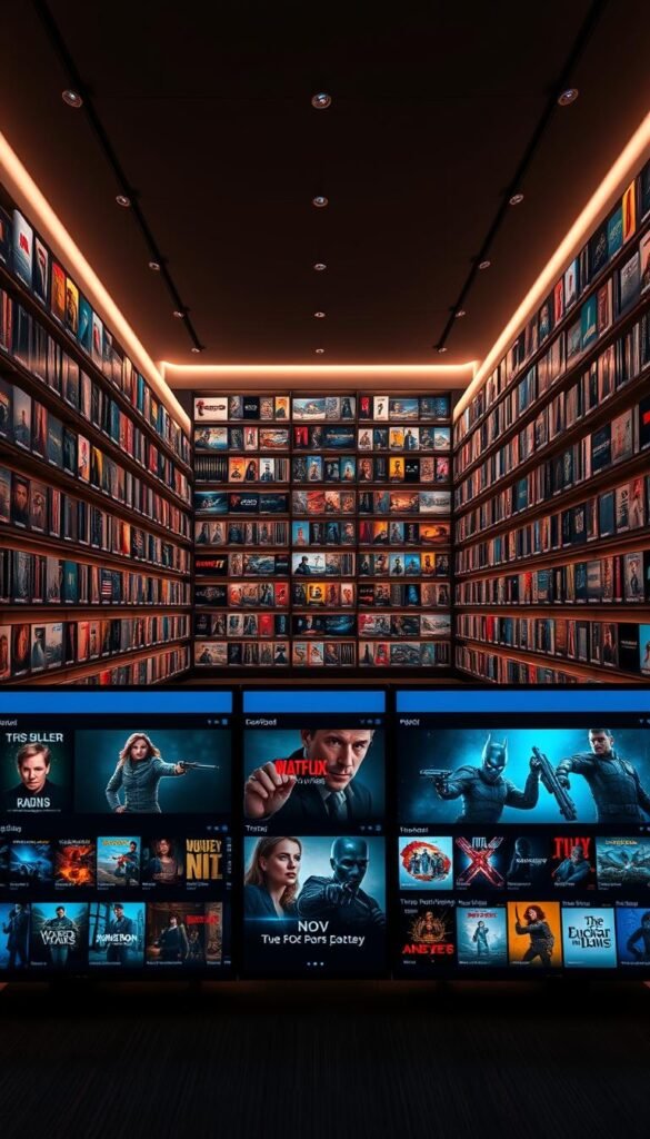 A vast, meticulously organized library of movies and shows, the Hoxtoon Provider VOD collection spreads out before the viewer. Rows of digital shelves stretch into the distance, each stocked with hundreds of titles in vivid 4K detail. Soft, directional lighting illuminates the sleek, modern interface, casting a warm glow across the scene. In the foreground, a selection of popular new releases and trending titles are prominently displayed, beckoning the viewer to explore the Hoxtoon Provider's unparalleled entertainment options. The overall atmosphere conveys a sense of endless possibilities and cinematic wonder, inviting the viewer to get lost in Hoxtoon's extensive VOD library.