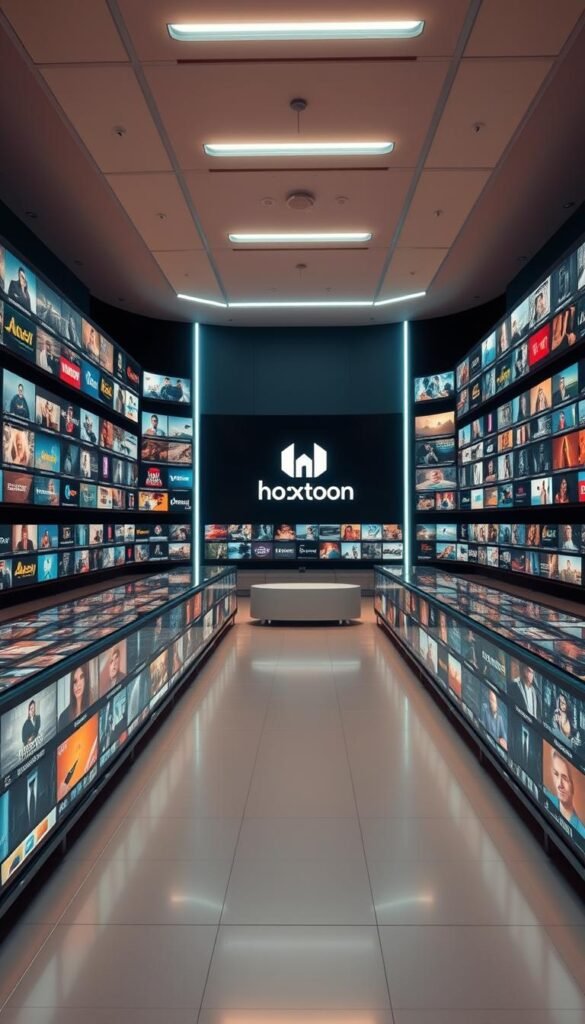 A vast, modern content library of the Hoxtoon Provider, showcasing a breathtaking array of over 21,000 channels. Bright, seamless displays arranged in a sleek, organized layout, inviting viewers to explore an unparalleled selection of entertainment. The foreground features rows of dynamic video thumbnails, each a tantalizing glimpse into the diverse content available. The middle ground showcases the Hoxtoon logo, prominently displayed with a sense of authority and quality. The background depicts a stylish, high-tech interface, with clean lines and a minimalist aesthetic that reflects the service's cutting-edge technology. Warm, neutral lighting illuminates the scene, creating a visually striking and immersive experience that captures the unrivaled content library of the Hoxtoon Provider.