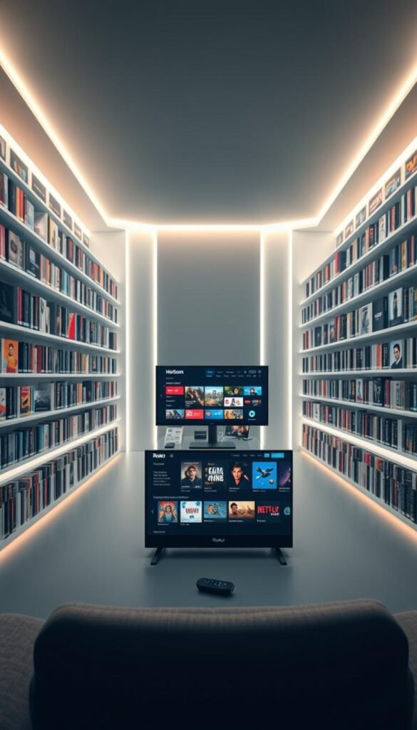 A vast, modern library of entertainment, the Hoxtoon Provider VOD collection showcases over 150,000 high-quality titles across diverse genres. Illuminated by soft, cinematic lighting, the shelves stretch out in clean, geometric patterns, inviting exploration. In the foreground, a sleek, minimalist Roku TV display showcases the breadth of content, from the latest blockbusters to classic films. The middle ground features a well-organized, intuitive interface, guiding viewers through Hoxtoon's expansive catalog. In the background, a subtle, futuristic ambiance sets the tone, hinting at the cutting-edge technology powering this exceptional IPTV experience.