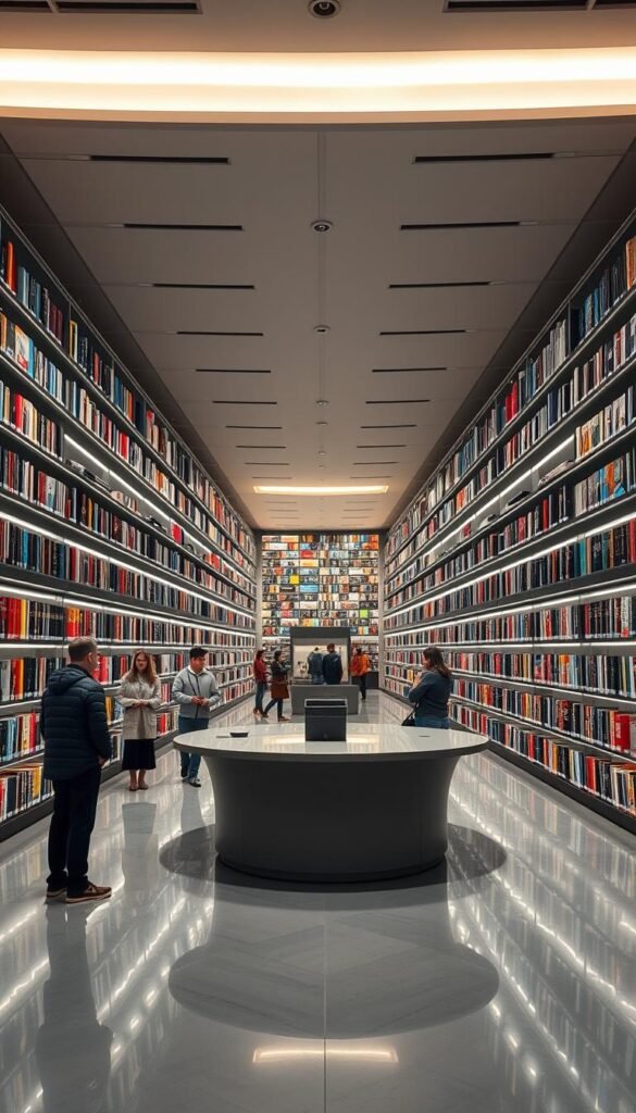 A vast, modern library of over 150,000 on-demand video titles, meticulously curated by the Hoxtoon Provider team. Rows of sleek, backlit shelves stretch into the distance, their contents illuminated by a soft, diffused lighting that creates a warm, inviting atmosphere. In the foreground, a large, curved information desk stands, its glossy surface reflecting the carefully arranged displays. The library's high ceilings and expansive floor plan convey a sense of grandeur and abundance, while the clean, minimalist design elements lend an air of sophistication. Patrons peruse the vast collection, their faces aglow with the possibilities offered by the Hoxtoon Provider's unparalleled VOD library.