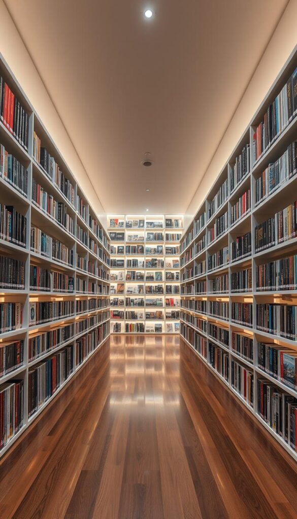 A vast, modern media library with sleek, minimalist shelves filled with a diverse array of 4K and HDR titles. Soft, warm lighting illuminates the extensive collection of over 150,000 movies, TV shows, documentaries, and more from the Hoxtoon Provider. The shelves stretch deep into the frame, creating a sense of depth and immensity. The floor is a polished hardwood, reflecting the shelves above. The walls are a calming, neutral tone, allowing the content to take center stage. The overall atmosphere is one of sophistication, organization, and a vast wealth of entertainment at the user's fingertips.