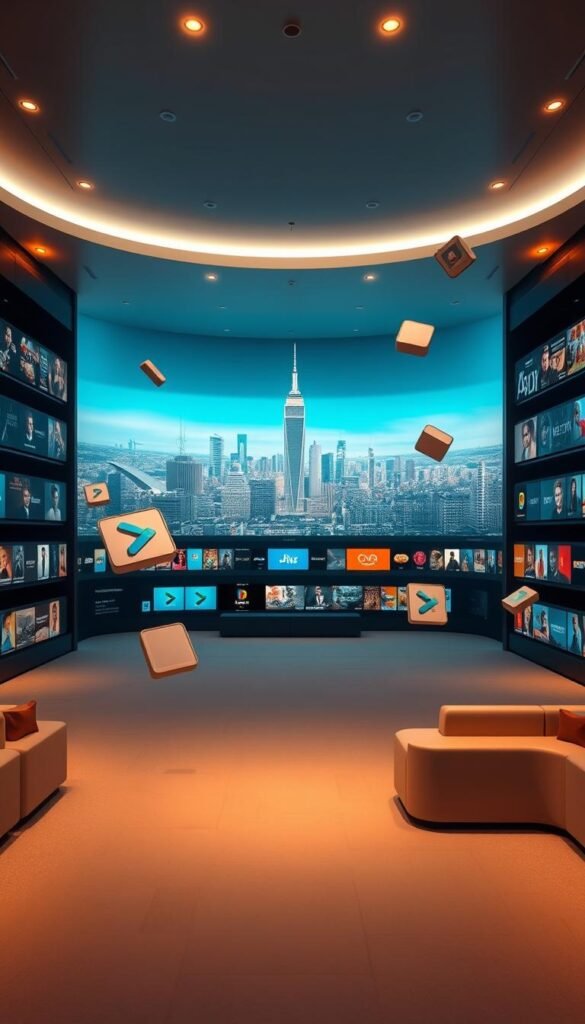 A vast, modern streaming hub showcasing the expansive content library of Hoxtoon Provider. In the foreground, sleek icons and thumbnails of popular movies, TV shows, and live channels float elegantly, inviting the viewer to explore. The middle ground features a clean, minimalist interface with intuitive navigation, while the background depicts a subtly lit, futuristic cityscape, conveying a sense of technological sophistication. Warm lighting and a muted color palette create a welcoming, premium atmosphere. The overall composition exudes a balance of functionality and aesthetic appeal, reflecting the seamless user experience Hoxtoon Provider aims to deliver.