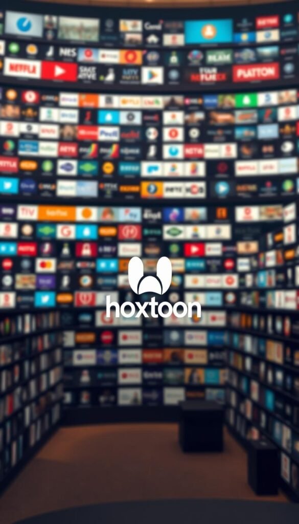A vast, organized library of channels, showcasing the impressive breadth of the Hoxtoon Provider's offering. Rows of neatly arranged digital icons and logos, each representing a unique channel, fill the frame. The library is bathed in a warm, inviting lighting, creating a sense of curation and professionalism. In the foreground, the Hoxtoon Provider brand logo stands prominently, anchoring the scene and reinforcing the provider's identity. The background is slightly blurred, emphasizing the library's depth and breadth. The overall impression is one of a comprehensive, high-quality channel selection, ready to cater to the diverse entertainment needs of Hoxtoon's subscribers.