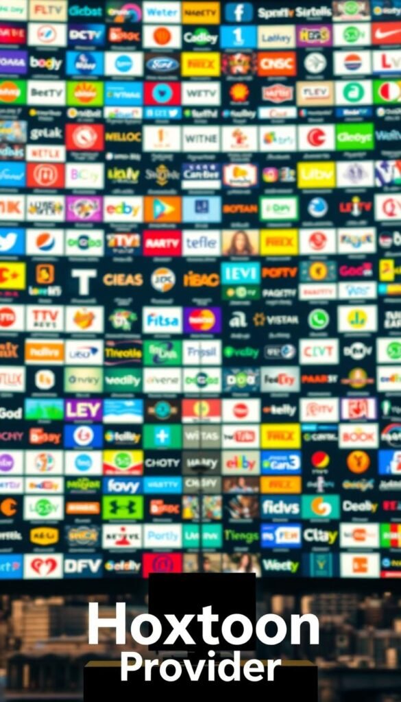 A vast, sprawling array of IPTV channels from across the UK, displayed in a vibrant, visually striking manner. The scene is illuminated by warm, natural lighting, casting a soft glow over the channels' logos and icons. The channels are neatly organized in a grid-like formation, each one distinct and easily recognizable. In the foreground, the Hoxtoon Provider logo stands prominently, showcasing the service's role in delivering this unparalleled content library. The background features a subtle, blurred cityscape, hinting at the diverse range of programming available. The overall composition conveys a sense of abundance, quality, and the seamless integration of IPTV technology within the UK's entertainment landscape.