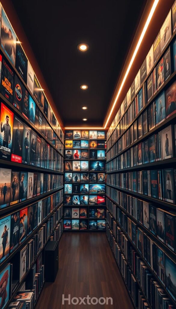 A vast, well-organized VOD collection with rows of movie posters and TV show thumbnails, showcasing the breadth of Hoxtoon Provider's extensive library. The shelves are illuminated by warm, focused lighting, creating a cozy and inviting atmosphere. The camera angle offers a bird's-eye view, allowing the viewer to take in the expansive nature of the collection. Sleek, modern design elements and the prominent Hoxtoon Provider branding convey a sense of professionalism and high-quality content. The overall scene evokes a sense of anticipation and excitement for the diverse entertainment options available through the Hoxtoon Provider platform.