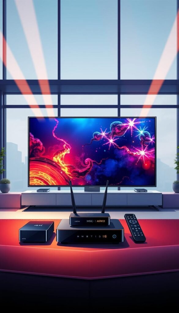 A vibrant and detailed digital illustration showcasing the high-quality IPTV streaming experience offered by the Hoxtoon Provider. In the foreground, a large flat-screen TV displays a crisp, 4K video stream with rich colors and exceptional clarity. Beams of warm, directional lighting accentuate the sleek, modern design of the TV. In the middle ground, various high-tech devices such as a streaming box, router, and smart remote control are arranged, subtly highlighting the technical capabilities required for a seamless IPTV setup. The background depicts a stylized, minimalist living room setting, with large windows allowing natural light to flood the space, creating a sense of openness and sophistication. The overall mood conveys a premium, high-end IPTV experience that is both visually stunning and technically advanced.