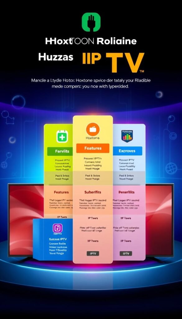 A vibrant and detailed illustration of Hoxtoon Provider's IPTV subscription plans, showcasing their diverse offerings in a visually appealing manner. The image features a sleek and modern design, with a clean layout that highlights the key plan details. In the foreground, three distinct IPTV subscription packages are prominently displayed, each with its own unique icon and color scheme. The middle ground showcases the features and benefits of each plan, presented in a clear and concise manner. The background subtly incorporates elements that convey the reliable and cutting-edge nature of Hoxtoon Provider's IPTV services, such as subtle network diagrams or glowing technological motifs. The overall mood is one of professionalism, accessibility, and a commitment to providing the best IPTV experience for customers.