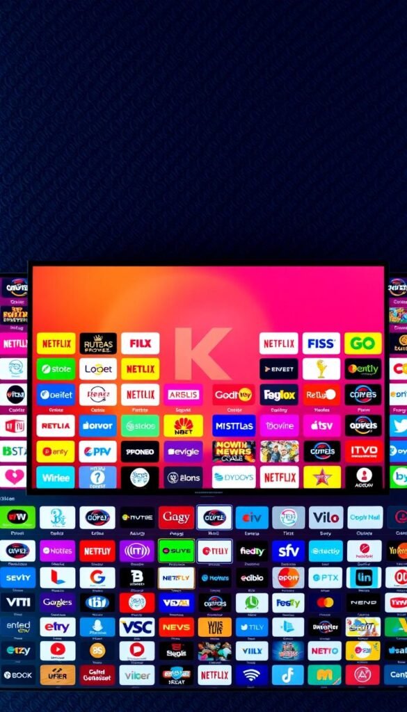 A vibrant and dynamic IPTV channel grid, showcasing the expansive offerings of the Hoxtoon Provider. In the foreground, a sleek and modern user interface displays a mosaic of channel logos, each pulsing with a subtle glow. The middle ground features a diverse array of content genres, from live news and sports to popular movies and shows. The background is a richly-textured, abstract pattern, evoking a sense of technological sophistication. Soft, directional lighting illuminates the scene, creating depth and emphasizing the clean, minimalist design. The overall atmosphere conveys the convenience, flexibility, and unparalleled entertainment options that the Hoxtoon Provider delivers.