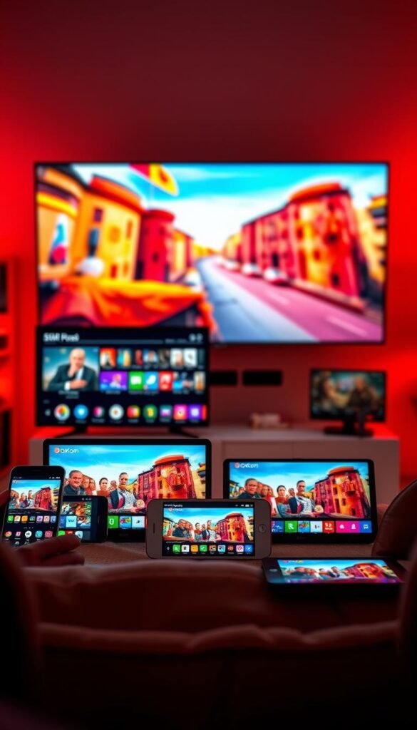 A vibrant and dynamic IPTV service scene showcasing the Hoxtoon Provider's multi-device compatibility and high-quality streaming. In the foreground, sleek modern devices such as smartphones, tablets, and smart TVs display vivid, high-definition content. The middle ground features a clean and intuitive user interface, highlighting the seamless cross-platform experience. In the background, a warm, colorful lighting scheme creates a cozy, immersive atmosphere, conveying the sense of endless entertainment at the user's fingertips. The overall composition emphasizes the Hoxtoon Provider's ability to deliver a premium IPTV experience across a variety of devices, catering to the diverse needs of the Spanish market.