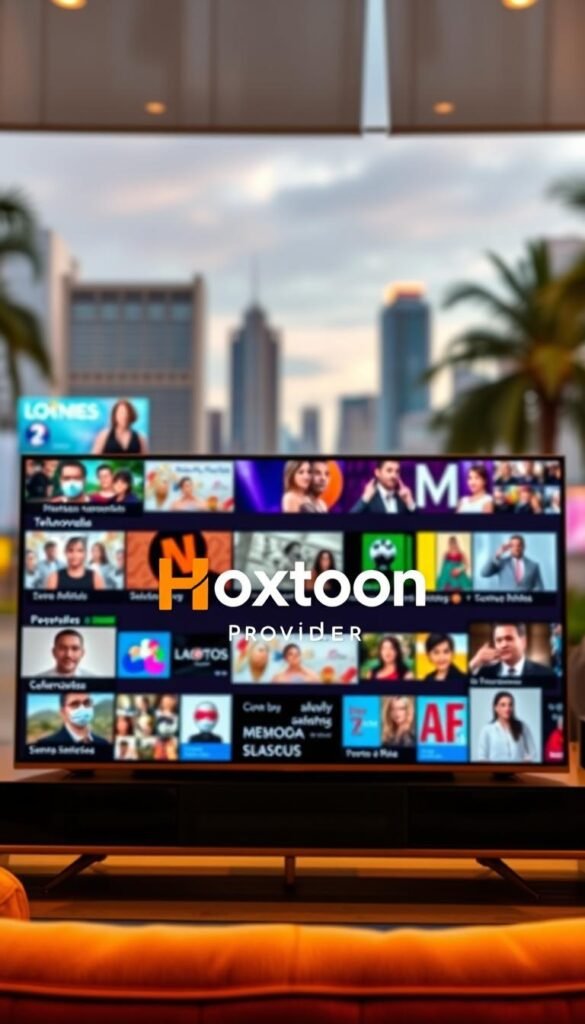 A vibrant and dynamic Latino Programming IPTV interface, featuring a sleek and modern design. In the foreground, a large 4K Ultra HD TV screen displays a diverse range of Spanish-language content, including live news, telenovelas, and popular movies. The middle ground showcases the Hoxtoon Provider brand logo, prominently displayed with a bold and eye-catching aesthetic. In the background, a blurred cityscape sets the scene, with skyscrapers and palm trees hinting at a lively, urban environment. The lighting is warm and inviting, creating a sense of comfort and entertainment. The overall atmosphere conveys a premium, high-quality streaming experience tailored for the Latino audience.