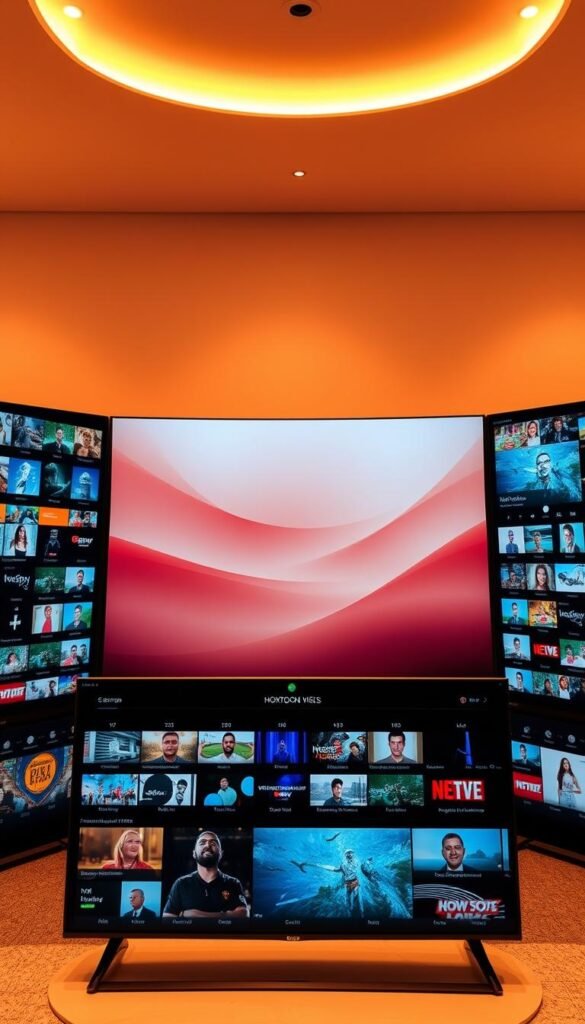 A vibrant and dynamic live streaming IPTV interface, showcasing the expansive content library of the Hoxtoon Provider. A sleek and modern user interface dominates the foreground, with a vast array of live channel tiles and on-demand video thumbnails neatly arranged, inviting the viewer to explore the extensive 21,000+ live channel offerings. The middle ground features a clean, minimalist design, with intuitive navigation controls and elegant iconography guiding the user experience. In the background, a subtle gradient or abstract pattern provides a visually striking yet unobtrusive backdrop, complementing the overall aesthetic. Warm, diffused lighting and a cinematic camera angle create a polished, professional atmosphere, reflecting the high-quality and comprehensive nature of the Hoxtoon IPTV service.