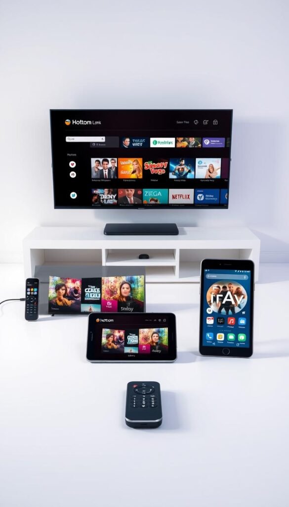 A vibrant and dynamic scene depicting the Hoxtoon IPTV provider's multi-device support capabilities. In the foreground, several modern devices, such as a smart TV, tablet, and smartphone, are seamlessly connected and streaming content. The devices are arranged in a visually appealing composition, highlighting the effortless integration and cross-platform compatibility of the Hoxtoon service. The middle ground features a clean, minimalist background, allowing the devices to take center stage. Soft, diffused lighting creates a sense of depth and emphasizes the sleek, high-tech aesthetics of the gadgets. The overall mood is one of sophistication, convenience, and the future of entertainment, reflecting the premium and advanced nature of the Hoxtoon IPTV provider.
