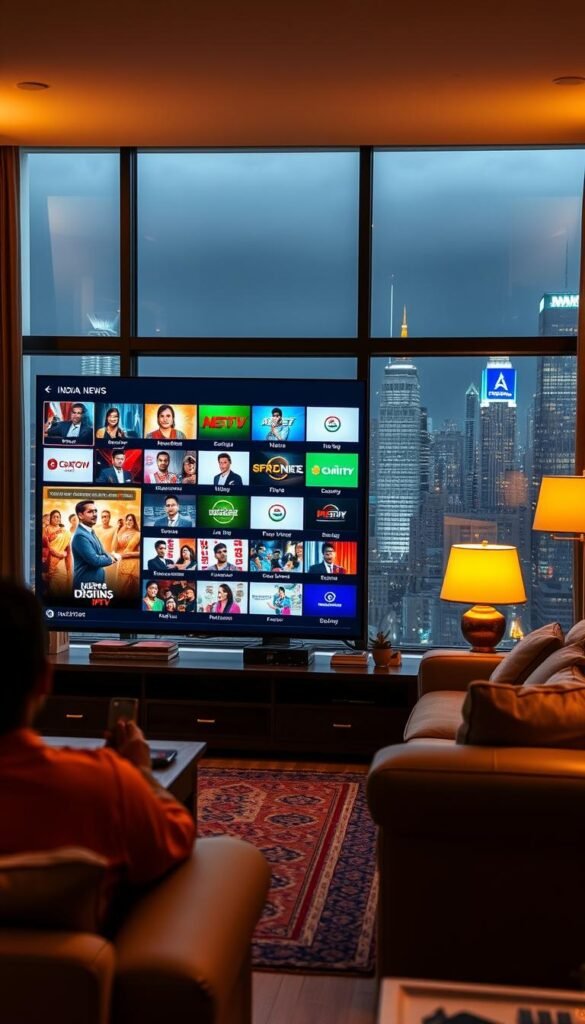 A vibrant and dynamic scene of Indian television channels live streaming in the USA. The foreground features a modern smart TV displaying a diverse array of Indian news, entertainment, and sports channels from the Hoxtoon Provider IPTV service. The middle ground showcases a cozy living room setting with comfortable seating, warm lighting, and traditional Indian decor elements. In the background, a large window overlooks a bustling cityscape, hinting at the evolving nature of Indian television viewership in the United States. The overall atmosphere conveys a sense of cultural immersion and technological progress, reflecting the changing landscape of Indian entertainment consumption abroad.
