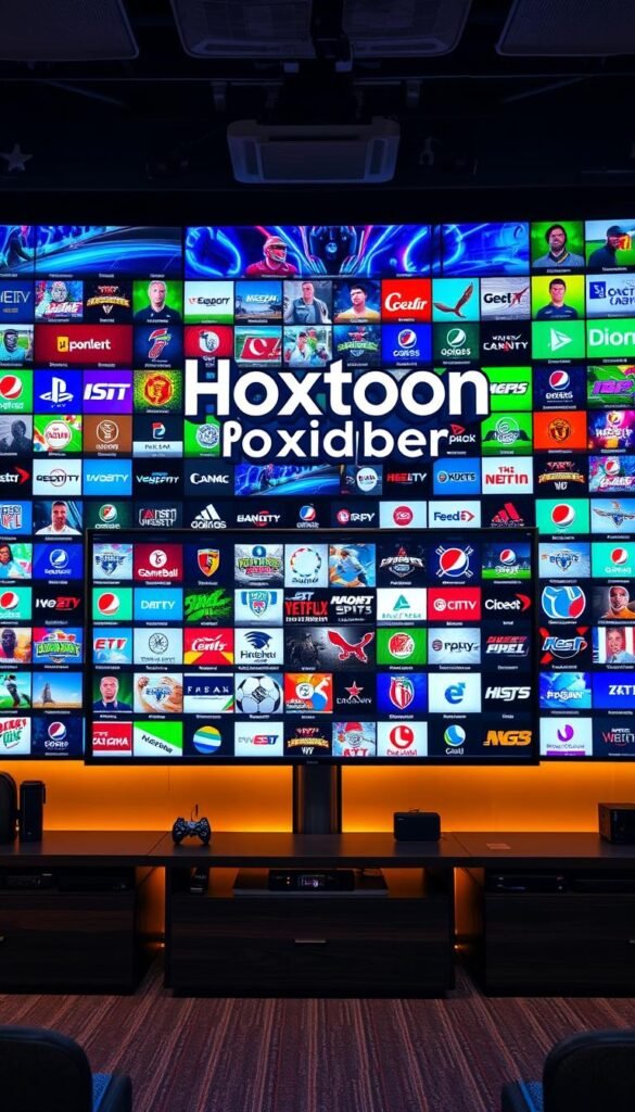 A vibrant and dynamic scene of a sports entertainment hub, with the Hoxtoon Provider logo prominently displayed. In the foreground, a large, high-definition television screen showcases a diverse array of live sports channels, their logos and visuals vividly rendered. The middle ground features sleek, modern media equipment and devices, hinting at the advanced technology powering the comprehensive channel selection. The background is filled with a soft, warm lighting, creating a welcoming and immersive atmosphere for sports enthusiasts. The overall composition conveys a sense of excitement, accessibility, and the vast array of 21,000+ sports channel options available through the Hoxtoon Provider platform.