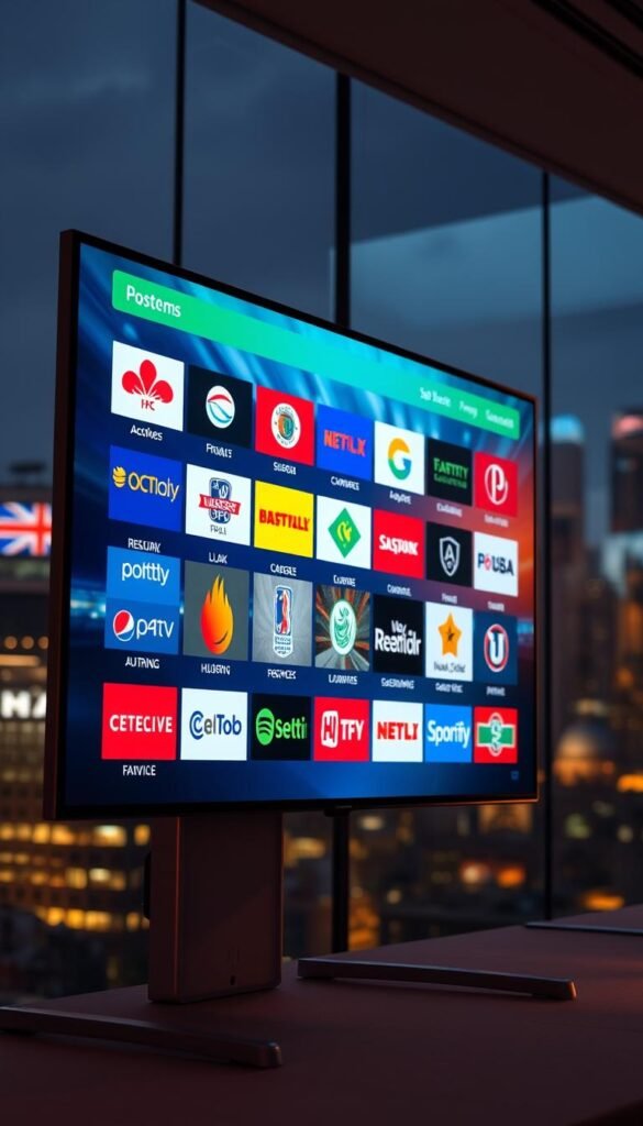 A vibrant and dynamic scene showcasing a variety of smart IPTV sport channels, all prominently displayed on a high-resolution screen. The channels are organized in a grid layout, each with clear and distinct logos, creating a visually appealing and informative display. The screen is mounted on a sleek, modern stand, with a subtle Hoxtoon Provider branding visible in the corner. The scene is illuminated by soft, directional lighting, casting a warm and inviting atmosphere. The background features a blurred, out-of-focus cityscape, hinting at the global reach and versatility of the IPTV service. The overall composition conveys a sense of technological advancement, entertainment, and the thrill of live sports broadcasting.