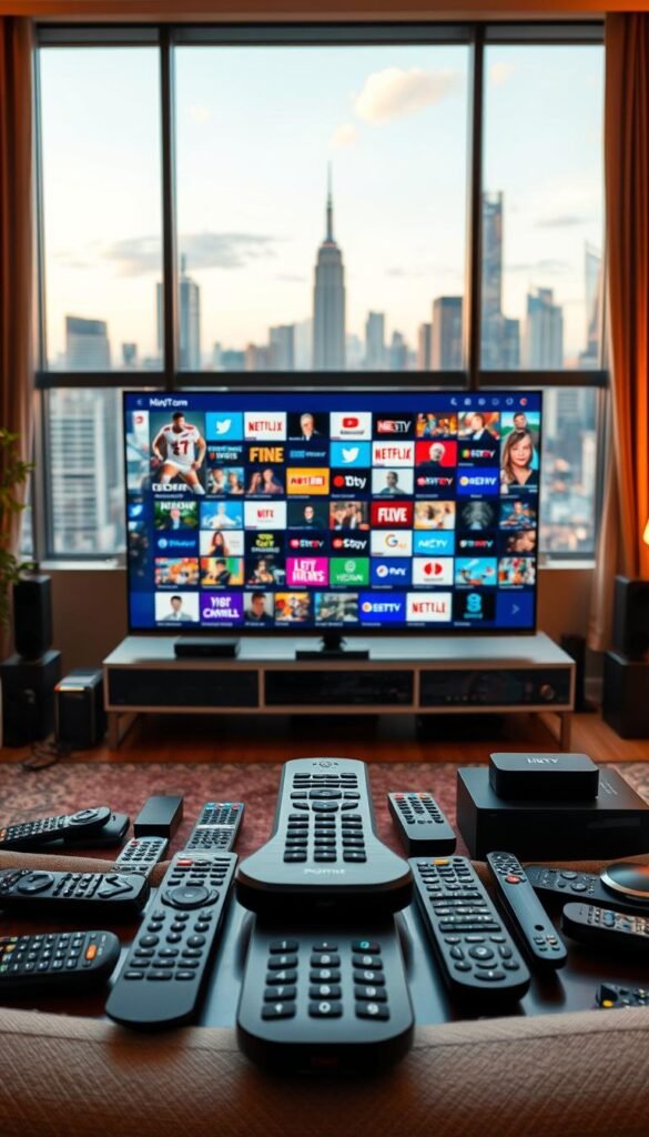 A vibrant and dynamic scene showcasing the Hoxtoon Provider IPTV service. In the foreground, a sleek and modern home entertainment system takes center stage, surrounded by a myriad of remote controls and streaming devices. The middle ground features a large, high-definition television displaying a diverse array of live channels, from news and sports to movies and entertainment. In the background, a cityscape of skyscrapers and urban landscapes is visible through large windows, conveying a sense of global connectivity and the expansive nature of the Hoxtoon Provider's content offerings. The lighting is warm and inviting, creating a cozy and immersive atmosphere. The overall composition suggests the convenience, quality, and unparalleled selection of the Hoxtoon Provider IPTV service, catering to the diverse entertainment needs of modern audiences.