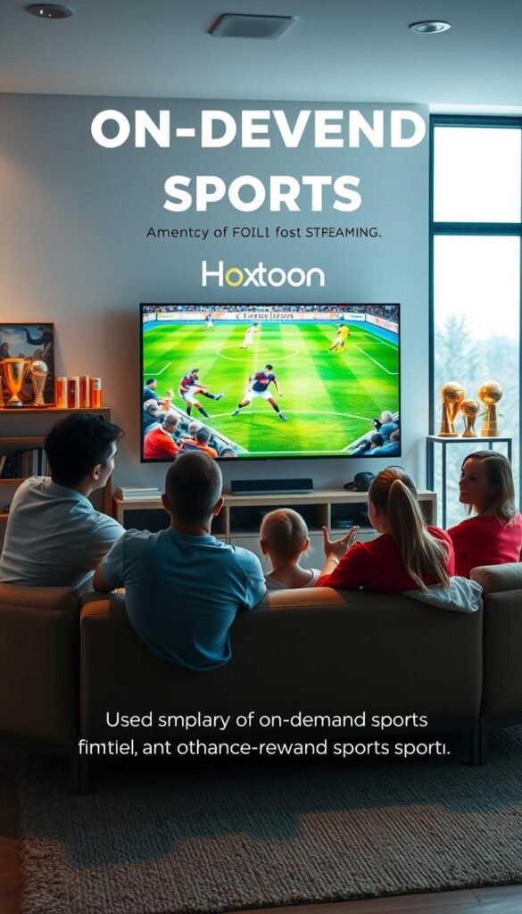 A vibrant and dynamic scene showcasing the joy of on-demand sports streaming. In the foreground, a group of friends gathered around a large, high-definition television, intently watching a thrilling live match. Soft, warm lighting illuminates their engaged expressions, creating an atmosphere of excitement and camaraderie. In the middle ground, various sports memorabilia and trophies adorn the shelves, hinting at the breadth of content available. The background features a modern, minimalist living room setting, with sleek, contemporary furniture and a large window allowing natural light to flood the space. The Hoxtoon Provider logo prominently displayed, signifying the seamless access to a vast library of on-demand sports content. Prompt