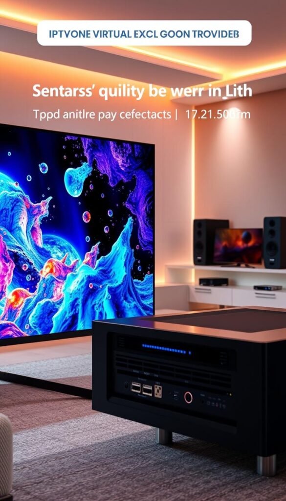 A vibrant and dynamic scene showcasing the streaming quality and performance metrics of the Hoxtoon Provider IPTV service. In the foreground, a large high-definition television displays a crystal-clear image, with vivid colors and intricate details. The middle ground features a sleek, modern media center with various connection ports and indicators, hinting at the technical capabilities powering the IPTV experience. In the background, a minimalist home entertainment setup, complete with mood lighting and premium audio equipment, creates an immersive and high-end atmosphere. The overall composition conveys a sense of technological sophistication, seamless integration, and a premium IPTV service that delivers an exceptional viewing experience.