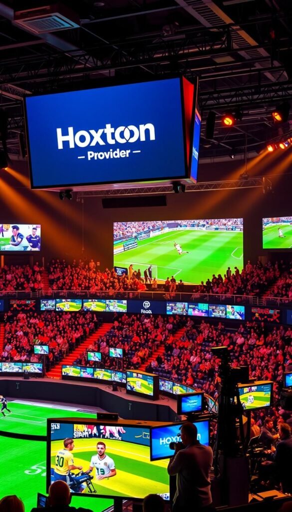 A vibrant and dynamic sports arena, with the Hoxtoon Provider logo prominently displayed on a large screen. In the foreground, a diverse array of sports channels flicker and pulse, showcasing live action from various sporting events. The middle ground features state-of-the-art broadcasting equipment, with camera operators and technicians working in sync to capture the excitement. The background is filled with a crowd of enthusiastic fans, their faces alight with the thrill of the games. The lighting is warm and inviting, casting a glow over the entire scene, conveying a sense of energy and anticipation. The overall atmosphere is one of unparalleled entertainment and an unmatched channel selection, as promised by the Hoxtoon Provider.