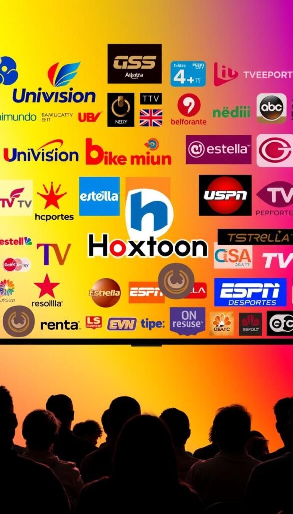 A vibrant and energetic collage showcasing the logos and branding of leading Latino TV networks. In the foreground, the Hoxtoon Provider logo stands out prominently, surrounded by a dynamic arrangement of network icons, including Univision, Telemundo, Estrella TV, and ESPN Deportes. The middle ground features silhouettes of diverse TV viewers, their attention captivated by the array of content options. The background is a vibrant gradient, evoocative of the warm, vibrant atmosphere of Latin American entertainment. Subtle lighting and a cinematic camera angle lend a sense of depth and professionalism to the composition.
