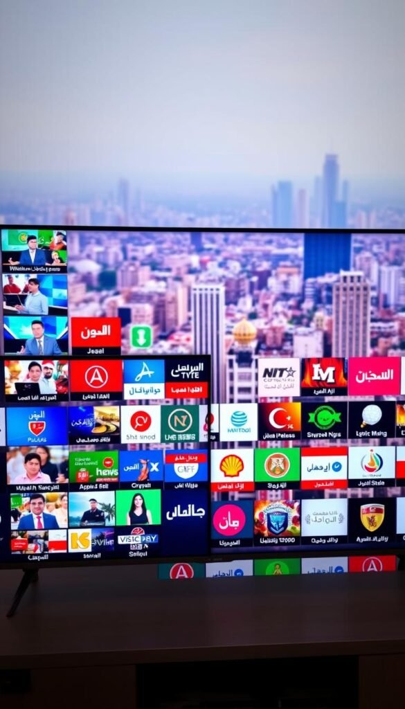 A vibrant and expansive IPTV interface showcasing an array of high-definition Arabic channels, curated by the Hoxtoon Provider. In the foreground, a sleek smart TV screen displays a diverse selection of live news, entertainment, and sports channels, each with crisp visuals and vivid colors. The middle ground features a mosaic of channel logos, emblems, and program thumbnails, hinting at the depth and breadth of the Hoxtoon IPTV service. The background is a softly blurred cityscape, evoking the global reach and accessibility of this cutting-edge platform. The overall scene conveys a sense of comprehensive entertainment options, catering to the vibrant Arabic-speaking community.