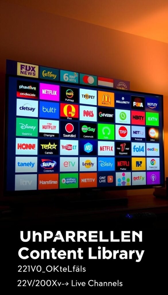A vibrant and expansive display of IPTV channels on a Roku TV screen, showcasing the unparalleled content library offered by Hoxtoon Provider. The foreground features a diverse array of channel logos and icons, each representing the vast array of live and on-demand entertainment options available. The middle ground depicts the Roku TV interface, with a sleek and intuitive design that seamlessly integrates the IPTV service. The background is a warm, soft-lit environment, creating a cozy and inviting atmosphere for the viewer to immerse themselves in the boundless content. The overall scene conveys the abundance, quality, and accessibility of the Hoxtoon Provider's IPTV offering, perfectly aligning with the "Unparalleled Content Library: 21,000+ Live Channels" section title.