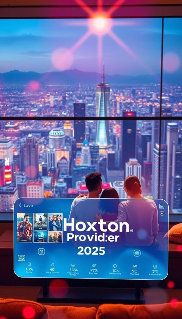 A vibrant and futuristic scene depicting the evolution of IPTV services in 2025. In the foreground, a sleek, holographic interface displays the Hoxtoon Provider brand, showcasing an array of content options. In the middle ground, a family gathers around a seamless, high-resolution display, immersed in a cinematic experience. The background features a panoramic cityscape, with skyscrapers and advanced infrastructure hinting at the technological advancements shaping the future of television entertainment. The scene is bathed in a warm, ambient lighting, creating a cozy and inviting atmosphere. Subtle lens flares and depth of field blur add a sense of realism and visual interest.