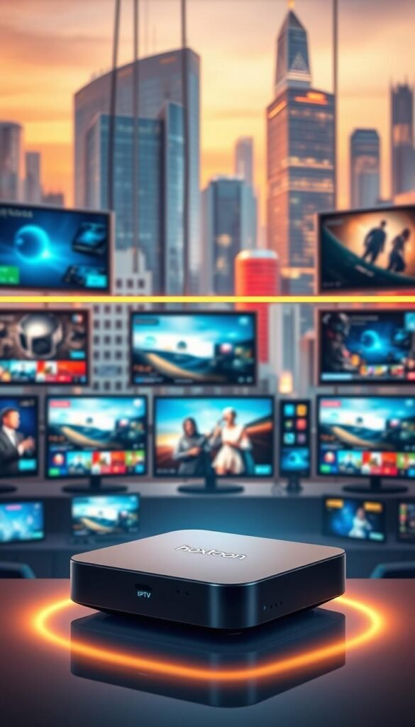 A vibrant and futuristic scene depicting the evolution of television entertainment in the digital age. The foreground features a sleek, minimalist IPTV device labeled "Hoxtoon Provider", casting a soft, ambient glow. The middle ground showcases a dynamic array of modern television screens displaying a diverse range of content, from live news to streaming services. The background depicts a cityscape of towering skyscrapers, their windows reflecting the ever-changing digital landscape. The scene is illuminated by a warm, diffused lighting, creating a sense of technological sophistication and progress. The overall atmosphere conveys the seamless integration of traditional television and the boundless possibilities of the digital era.