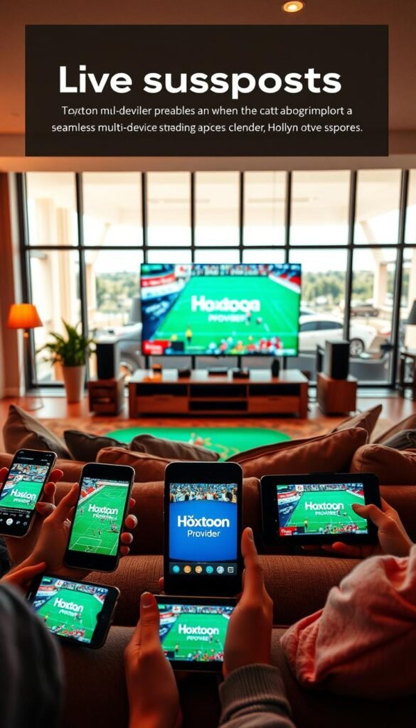 A vibrant and immersive live sports streaming scene. In the foreground, multiple devices - smartphones, tablets, and a large flat-screen TV - are displaying various sporting events, the Hoxtoon Provider logo prominently featured. The middle ground showcases a cozy living room setup, with a comfortable couch and plush pillows, creating an inviting atmosphere for the audience to enjoy the live action. The background features a panoramic view of a modern, well-lit interior, with large windows allowing natural light to flood the space. The overall mood is one of excitement and engagement, capturing the essence of the seamless multi-device compatibility and streaming options provided by the Hoxtoon Provider.