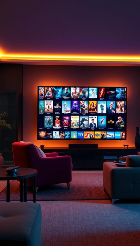 A vibrant and immersive on-demand entertainment experience, showcasing the vast library of Hoxtoon Provider's IPTV service. In the foreground, a sleek and modern living room setup, with a large flatscreen TV prominently displaying a diverse array of movie and TV show thumbnails. The middle ground features a cozy armchair and a side table with a remote control, creating a comfortable viewing atmosphere. The background subtly hints at a technological backdrop, with subtle futuristic elements and a warm, ambient lighting scheme that enhances the mood. The overall scene conveys a sense of unlimited entertainment possibilities, seamlessly integrated into a stylish and inviting home environment.