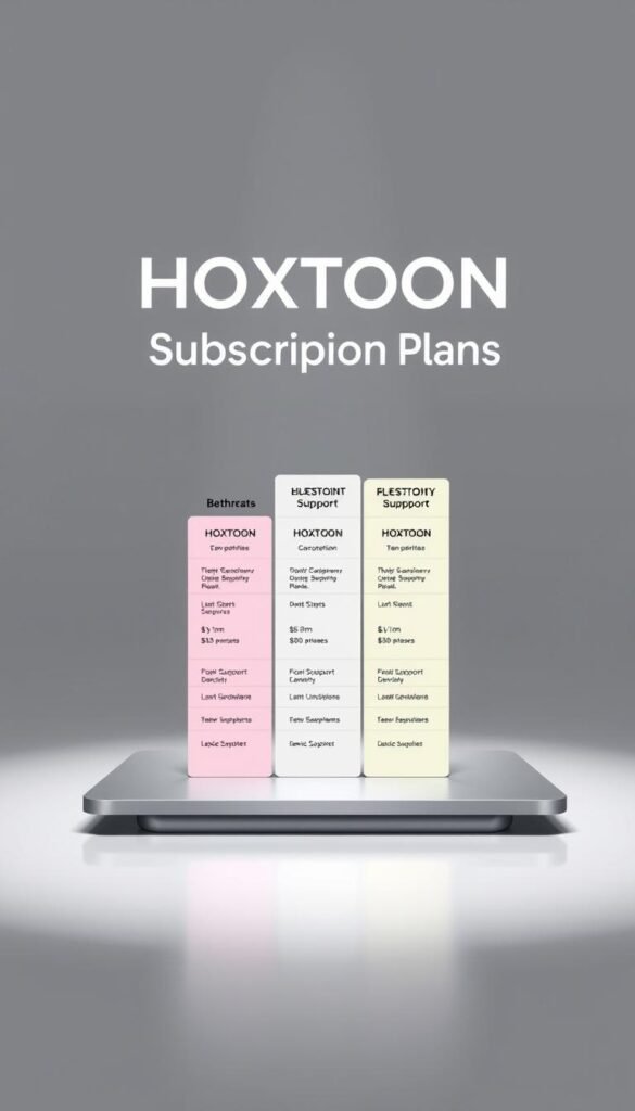 A vibrant and informative illustration of the "HOXTOON Subscription Plans" showcased in a modern, minimalist style. In the foreground, a sleek, metallic table displays three tiers of HOXTOON's service offerings, each with its own distinct pricing, feature set, and device support details. The middle ground features a clean, monochromatic background, allowing the plans to take center stage. In the background, a subtle, gradient-based pattern adds depth and visual interest, while the overall lighting is soft and directional, casting gentle shadows to accentuate the plan details. The Hoxtoon Provider brand name is prominently displayed, lending an air of professionalism and authority to the scene. A vibrant and informative illustration of the "HOXTOON Subscription Plans" showcased in a modern, minimalist style. In the foreground, a sleek, metallic table displays three tiers of HOXTOON's service offerings, each with its own distinct pricing, feature set, and device support details. The middle ground features a clean, monochromatic background, allowing the plans to take center stage. In the background, a subtle, gradient-based pattern adds depth and visual interest, while the overall lighting is soft and directional, casting gentle shadows to accentuate the plan details. The Hoxtoon Provider brand name is prominently displayed, lending an air of professionalism and authority to the scene.