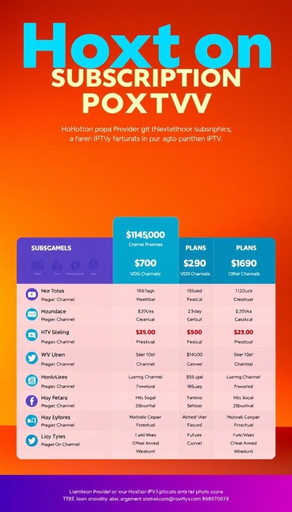 A vibrant and informative infographic showcasing the subscription plans offered by the Hoxtoon Provider, a premier IPTV service. A sleek and modern layout with clean typography guides the viewer through the various tiers, highlighting the number of channels, VODs, and other key features. The foreground features bold, eye-catching icons and graphics that clearly communicate the plan details. The middle ground presents the plan names and pricing in an organized, easy-to-digest manner. The background maintains a subtle, elegant gradient that complements the Hoxtoon brand colors, creating a cohesive and visually striking composition. Warm, balanced lighting and a slightly angled camera angle lend depth and dimensionality to the scene, making it both informative and aesthetically pleasing.