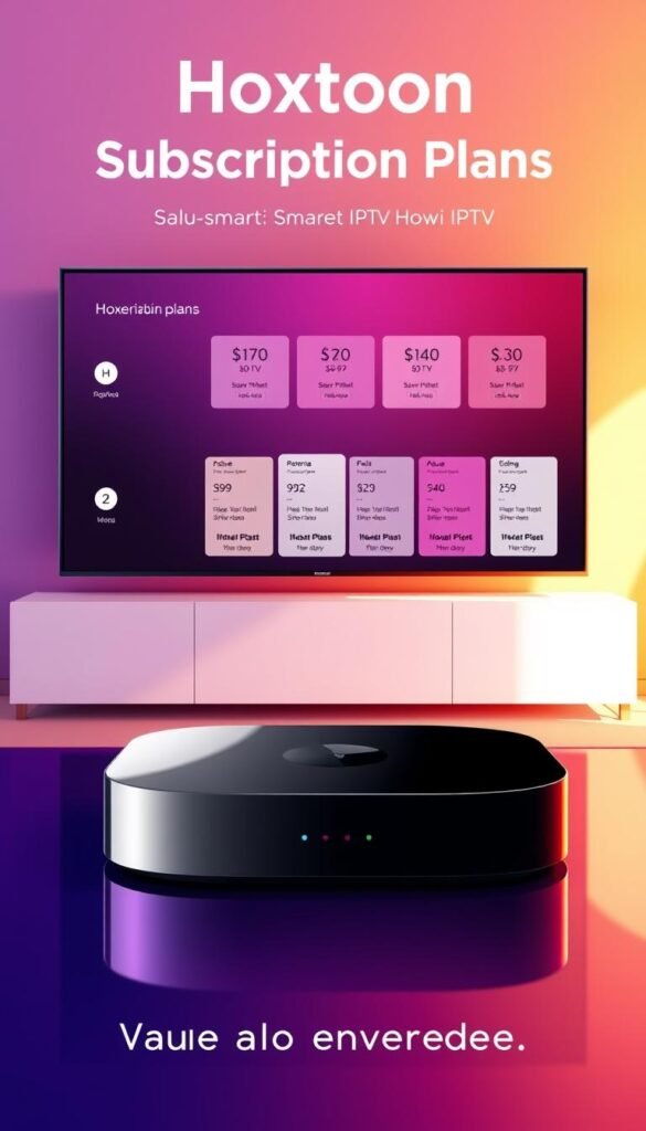 A vibrant and minimalist illustration showcasing the Hoxtoon Provider smart IPTV service. In the foreground, a sleek and modern IPTV device, its glossy surface reflecting the room's warm lighting. In the middle ground, a clean and elegant user interface displaying a range of subscription plans, highlighting the value and diversity of Hoxtoon's offerings. The background features a subtle gradient, creating a sense of depth and emphasizing the premium quality of the service. The entire composition conveys a sense of sophistication, technology, and accessibility, perfectly aligning with the "Hoxtoon Subscription Plans: Value for Every Budget" section of the article.