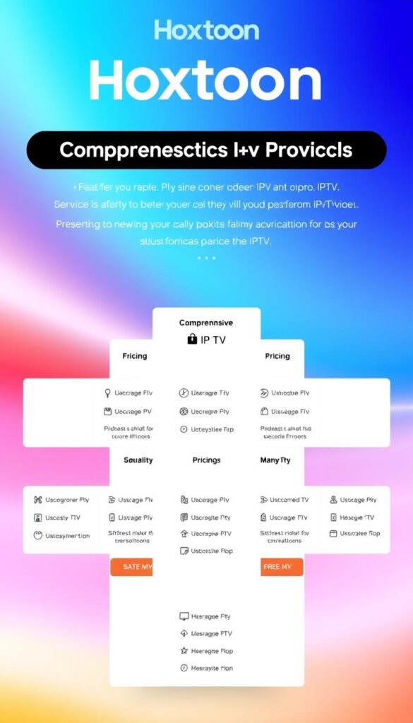 A vibrant and modern digital display showcasing the comprehensive pricing plans offered by the Hoxtoon Provider for their IPTV services. In the foreground, a sleek and minimalist layout presents the various subscription tiers, each highlighted with clear pricing information and feature details. The middle ground features subtle icons and graphics that visually communicate the value propositions of each plan. The background is a soft, blurred gradient that creates a sense of depth and sophistication. The overall composition is balanced, clean, and inviting, reflecting the high-quality and reliable IPTV services provided by Hoxtoon.