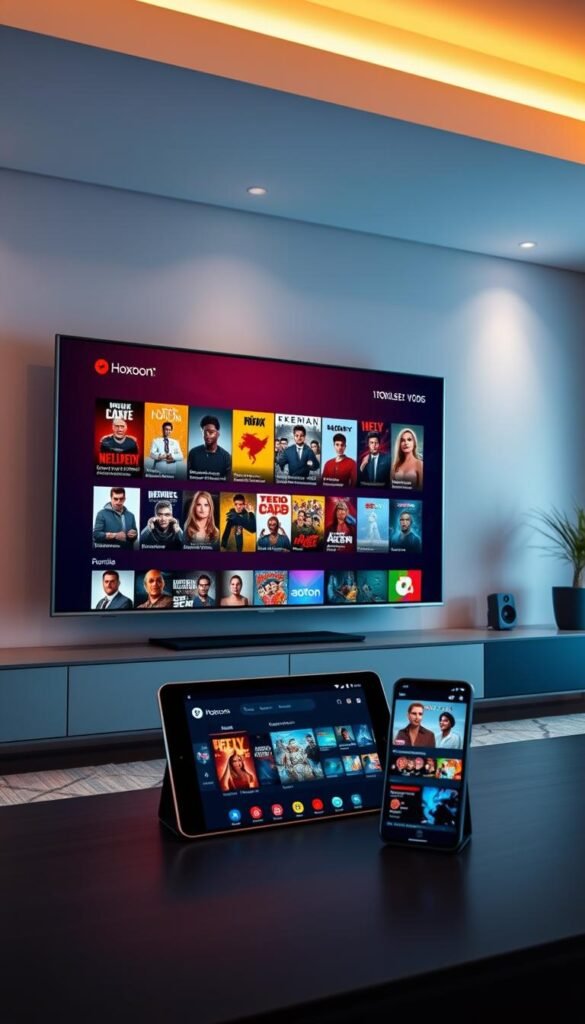 A vibrant and modern digital entertainment hub showcasing the services of Hoxtoon Provider. In the foreground, a sleek Smart TV displays a vast library of on-demand movies and TV shows, reflecting the 150,000+ VODs available. The middle ground features a tablet and smartphone, seamlessly integrated with the Hoxtoon ecosystem, enabling multi-device entertainment. The background reveals a minimalist, tech-savvy environment with clean lines and subtle lighting, setting the tone for a premium, high-quality viewing experience. The overall composition conveys the convenience, flexibility, and content-rich offerings of the Hoxtoon Provider platform. A vibrant and modern digital entertainment hub showcasing the services of Hoxtoon Provider. In the foreground, a sleek Smart TV displays a vast library of on-demand movies and TV shows, reflecting the 150,000+ VODs available. The middle ground features a tablet and smartphone, seamlessly integrated with the Hoxtoon ecosystem, enabling multi-device entertainment. The background reveals a minimalist, tech-savvy environment with clean lines and subtle lighting, setting the tone for a premium, high-quality viewing experience. The overall composition conveys the convenience, flexibility, and content-rich offerings of the Hoxtoon Provider platform.