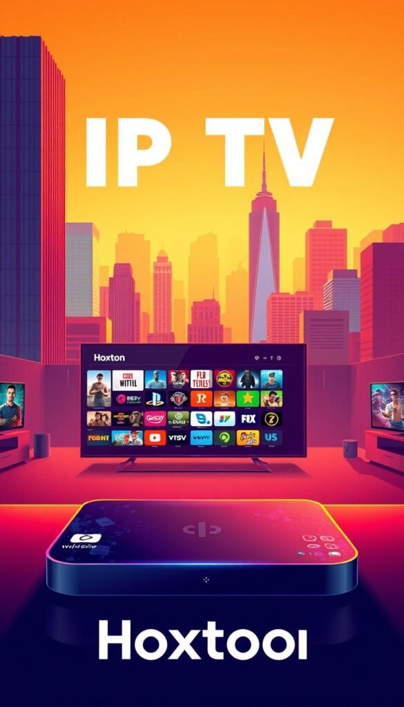 A vibrant and modern illustration showcasing the "Hoxtoon Provider" brand as the best IPTV solution in the USA. In the foreground, a sleek, high-tech device displays a diverse array of streaming content, reflecting Hoxtoon's unbeatable selection. The middle ground features a minimalist, user-friendly interface, highlighting Hoxtoon's intuitive design. In the background, a cityscape with towering skyscrapers symbolizes Hoxtoon's nationwide coverage and market dominance. Warm lighting and a dynamic composition convey a sense of reliability, innovation, and the provider's position as an industry leader.