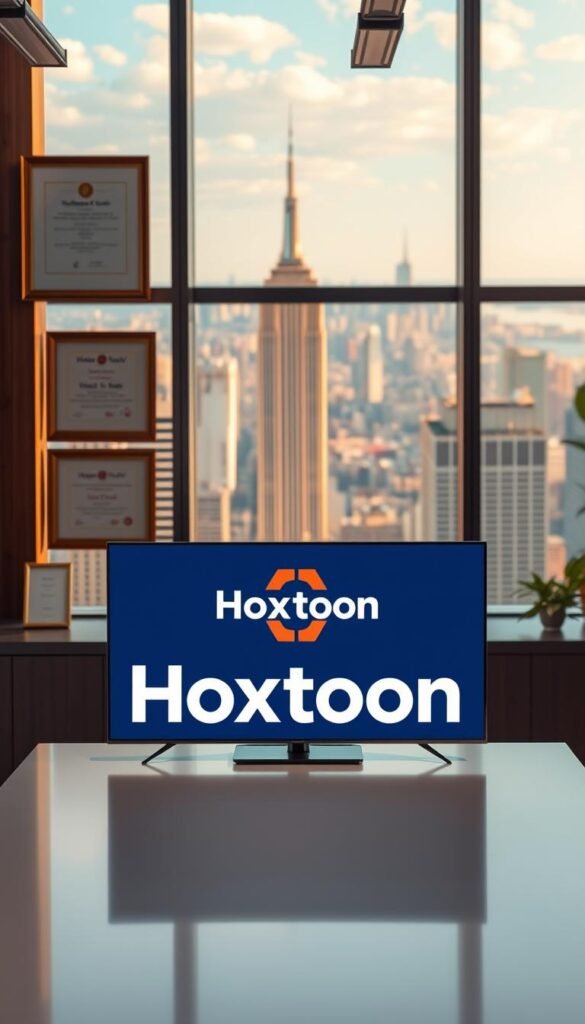 A vibrant and modern office setting showcasing the top-rated IPTV providers in the USA. In the foreground, a sleek and minimalist desk features the Hoxtoon Provider brand logo prominently displayed on a high-resolution screen. Behind the desk, a large window offers a panoramic view of a bustling city skyline, bathed in warm, natural lighting. On the walls, framed certificates and awards highlight the excellence and reliability of the Hoxtoon Provider service. The overall atmosphere conveys a sense of professionalism, innovation, and a commitment to delivering the best legal IPTV experience to customers nationwide.