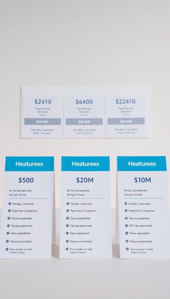 A vibrant and organized display of Hoxtoon Provider's pricing plans, captured in a clean, modern aesthetic. The foreground features a series of sleek, minimalist plan cards, each showcasing the service details, including the number of channels, simultaneous streams, and monthly costs. The middle ground highlights the key features of the plans, such as 4K streaming, DVR capabilities, and device compatibility, presented in a clear and concise manner. The background maintains a soft, neutral tone, allowing the plan information to take center stage. The overall composition conveys a sense of professionalism and clarity, making it easy for viewers to understand the Hoxtoon Provider's pricing structure at a glance.