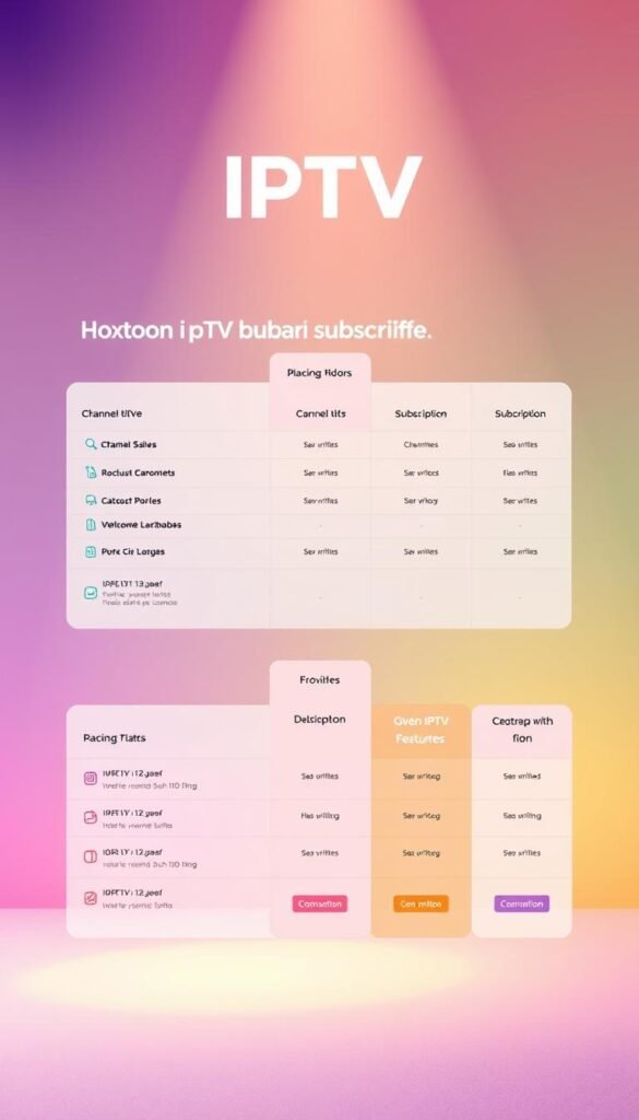A vibrant and professional-looking illustration of various IPTV subscription plans offered by the Hoxtoon Provider. The image should feature a clean, minimalist design with distinct pricing tiers and plan details prominently displayed. Depict different packages with varying channel counts, device limits, and other features using clear icons and typography. Set the scene against a soft, gradient background that conveys a sense of trust and reliability associated with the Hoxtoon brand. Use a warm, natural lighting setup to create a welcoming and approachable atmosphere. Ensure the overall composition is balanced, visually appealing, and effectively communicates the key information about Hoxtoon's IPTV subscription offerings.