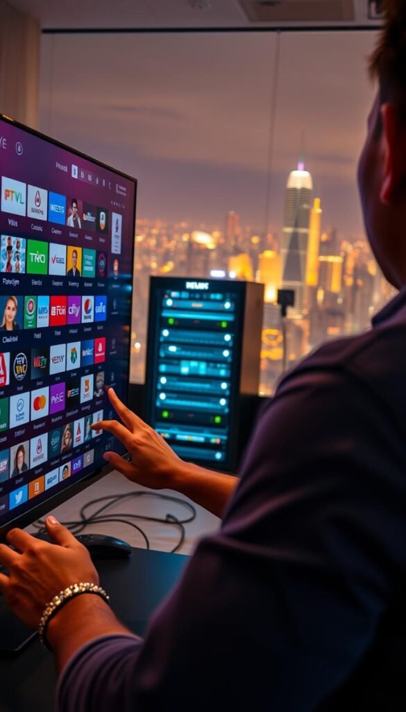 A vibrant and reliable IPTV service experience, showcased by the Hoxtoon Provider brand. In the foreground, a person confidently navigates a sleek user interface, accessing a diverse array of high-quality channels. The middle ground features a server rack, symbolizing the robust infrastructure powering the service. In the background, a cityscape is illuminated by warm, inviting lighting, conveying a sense of comfort and dependability. The scene is captured through a wide-angle lens, emphasizing the seamless integration of technology and user satisfaction. Overall, the image reflects the unwavering customer support and service reliability that the Hoxtoon Provider IPTV service embodies.